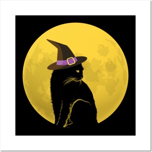 Black Witch Cat and Full Moon Posters and Art